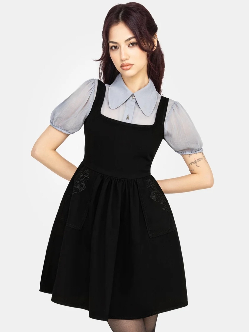 Deadhead Rose Embroidered Black Denim Mini Smock Dress - Picture 3 of 6